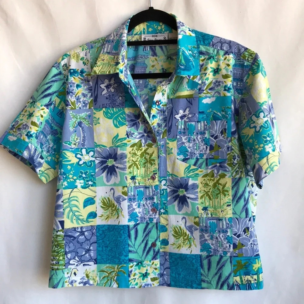 Sara Studio Pretty Patchwork Print Button-Up Top - image 1